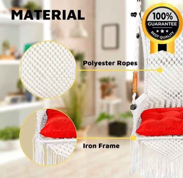 The Elegant Curio Centre Premium Maharaja Hanging Swing - White with Polyester Ropes & Mild Steel Frame Chair with Heavy Duty Stainless Steel Hanging Accessories And Cushion has a unique design, -  Free Size, White,  Polyester Rope With Iron Frame,  Pack of 1
